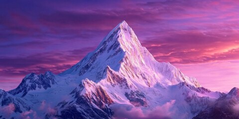 Obraz premium Majestic Snow-Capped Mountain Peaks Bathed in Surreal Purple and Pink Sunset, Exuding Tranquility and the Grandeur of Nature