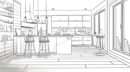 Sketch of a Modern Kitchen with Bar Stools.