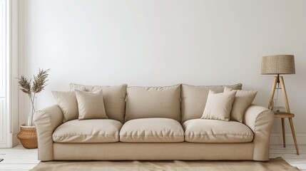 Simple living room with beige sofa, white wall, and lamp, including copy space