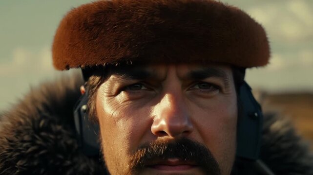 A Russian Cossacks traditional hat is slightly tilted giving a glimpse of his determined eyes in this closeup.