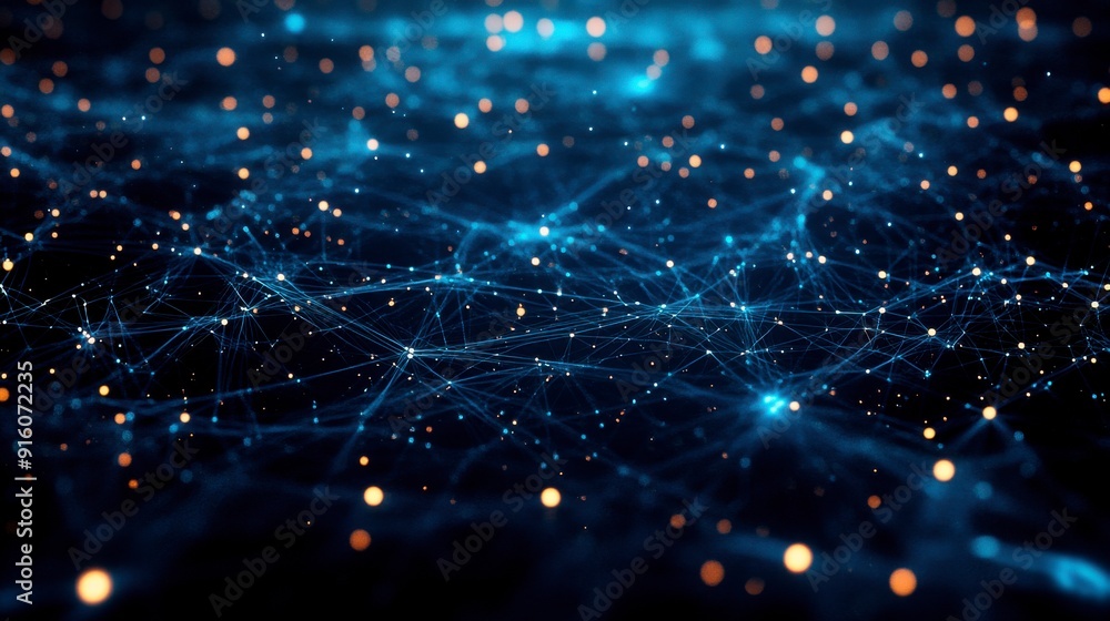 Poster an abstract representation of a cybersecurity network: glowing nodes and lines in a dark digital env