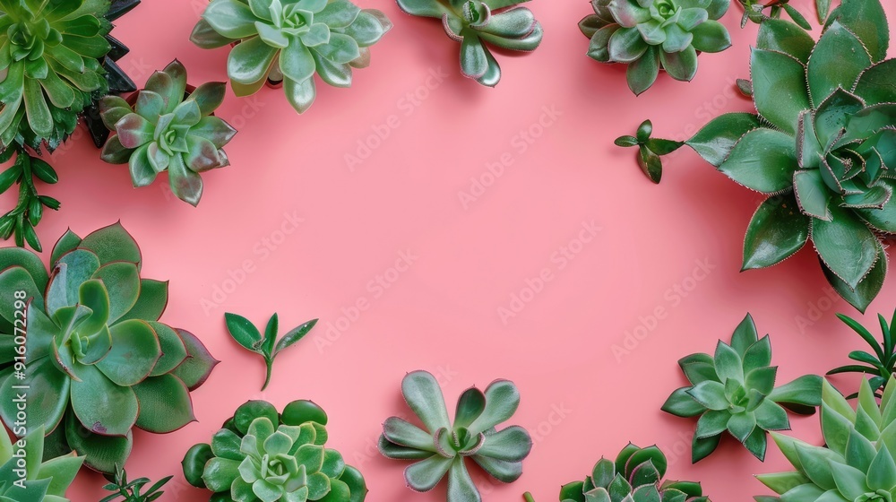 Sticker Potted Green Succulents on Pink Background. Flat Lay, Top View.