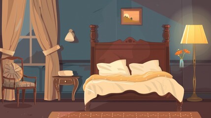 Cozy Bedroom Interior with Vintage Furniture and Warm Lighting.