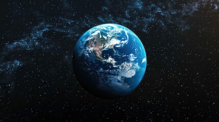 Obraz premium A close-up view of Earth from space, showcasing its continents, oceans, and swirling clouds against a backdrop of twinkling stars.
