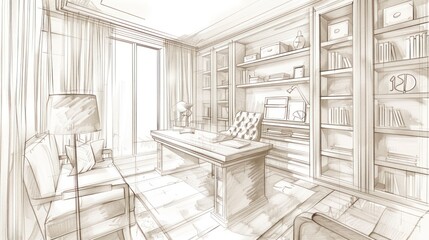 Sketch of a cozy home office.