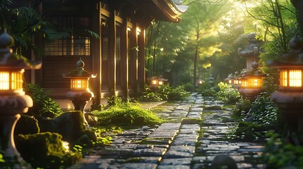 Japanese temple surrounded by lanterns and greenery