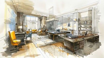 Hand-drawn sketch of a luxurious living room interior design with a yellow armchair, couch and a large desk in the background.