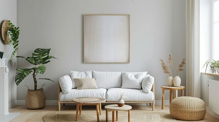 Burlap art displayed in bright living room with white furniture and grey wall on photo.