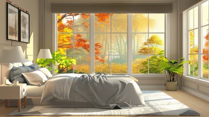 Cozy Bedroom with Autumn View.