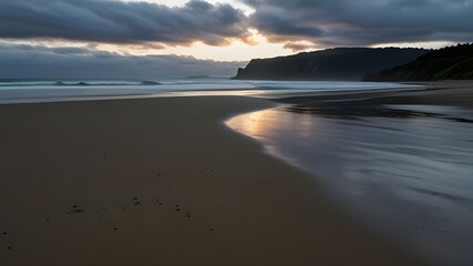 New Zealand, Tongaporutu, Cloudy sky over sandy coastal beach at sunset with Motuotamatea island in background Generative AI