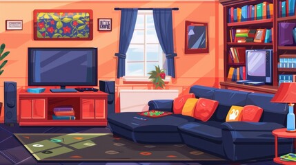 Cozy living room interior with a couch, TV, bookshelf and a window.