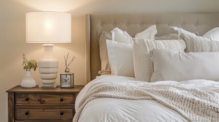 White lamp on wooden nightstand beside king bed with cozy bedding
