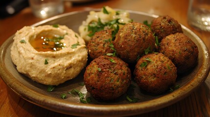41. A plate of crispy falafel balls with a side of hummus