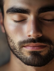 Fototapeta premium Man Embracing Serenity and Relaxation with Closed Eyes: A Close-up Portrait Capturing Tranquility and Peace