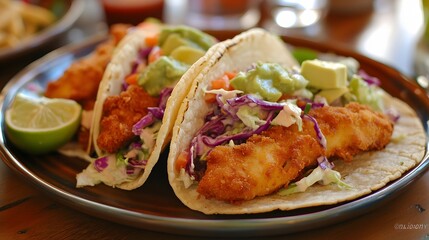 48. A plate of crispy fish tacos with cabbage slaw and avocado