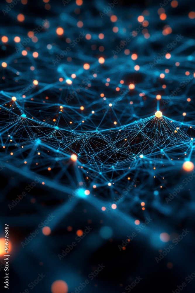 Poster an abstract representation of a cybersecurity network: glowing nodes and lines in a dark digital env