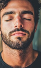 Obraz premium Man Embracing Serenity and Relaxation with Closed Eyes: A Close-up Portrait Capturing Tranquility and Peace