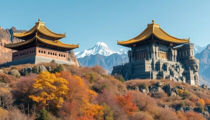 Ancient Temples Perched on Mountainside with Autumn Foliage.