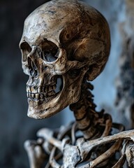 Human skull and skeleton on a dark background. Halloween still life.