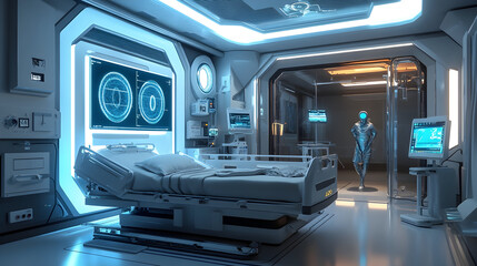 Futuristic hospital room with high tech AI technology equipment. Generative AI.