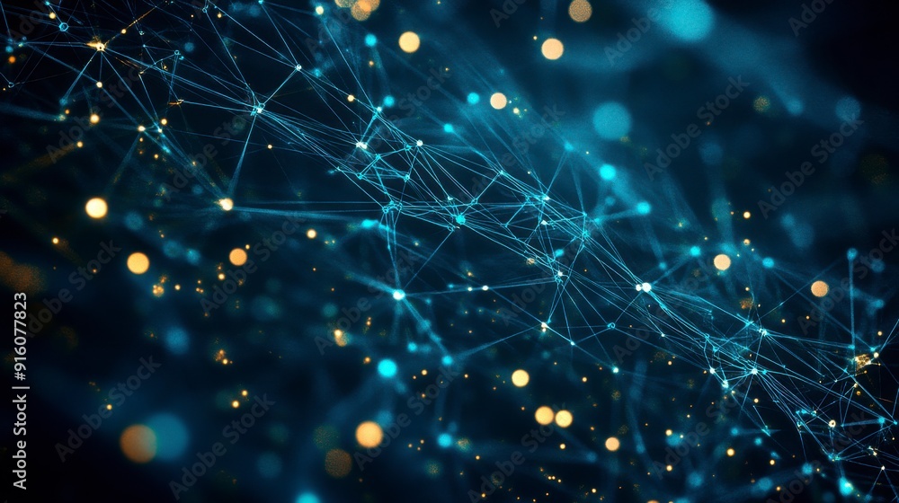 Poster an abstract representation of a cybersecurity network: glowing nodes and lines in a dark digital env