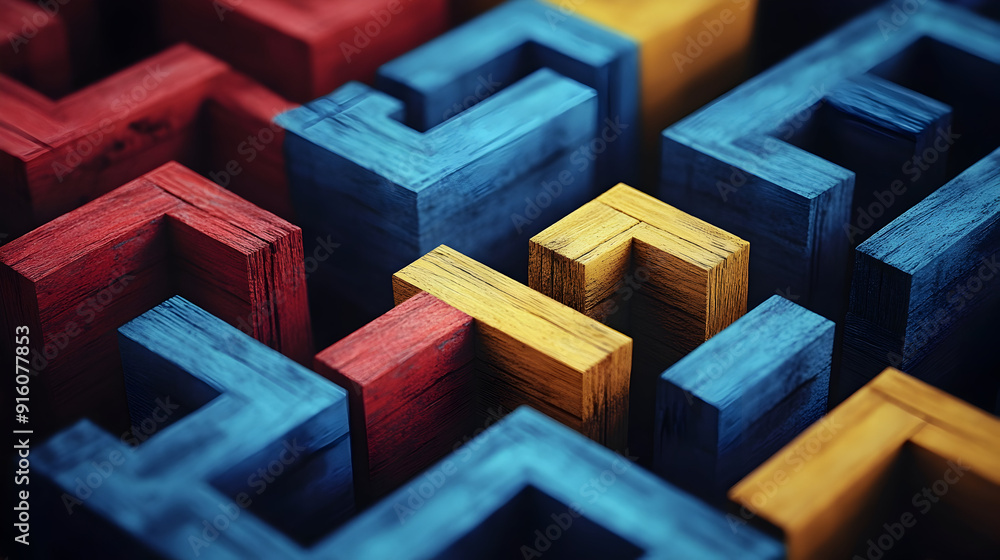 Poster generative ai abstract illustration of high angle of wooden maze with colorful narrow paths in blue 