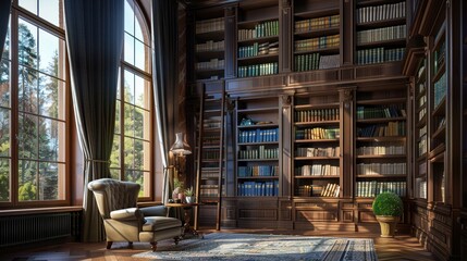Sunlit Library With An Armchair.