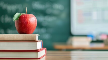 apple on desk with classroom setting in background. Back to school concept.