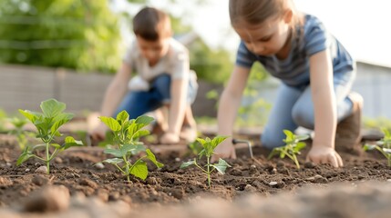 Children gardening together, nurturing young plants in soil, fostering a love for nature and growth in a sunny environment.