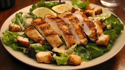 69. A crispy chicken Caesar salad with romaine lettuce and croutons