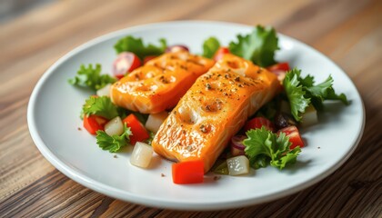 Grilled Salmon with Fresh Salad on a White Plate.