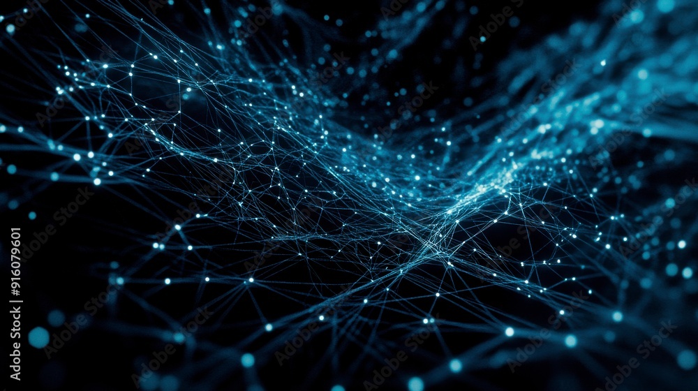 Poster an abstract representation of a cybersecurity network: glowing nodes and lines in a dark digital env