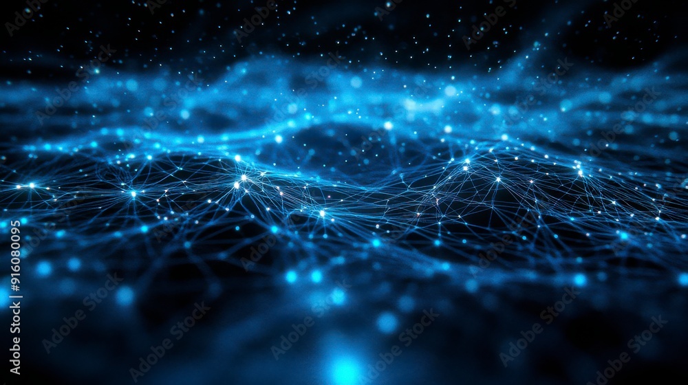 Poster an abstract representation of a cybersecurity network: glowing nodes and lines in a dark digital env