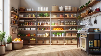 Well-stocked pantry with wooden shelves and wicker baskets.