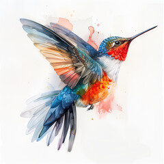 A colorful illustration of a hummingbird in mid-flight, showcasing its vibrant feathers.