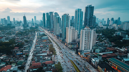 Fototapeta premium high-angle view of a city skyline with modern buildings 