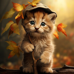 Adorable Kitten Wearing a Hat and Holding a Branch in Autumn Foliage.