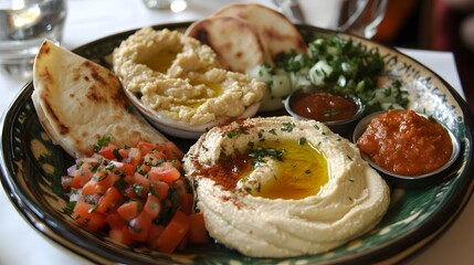 89. A colorful plate of Mediterranean mezze including hummus, baba ganoush, and pita
