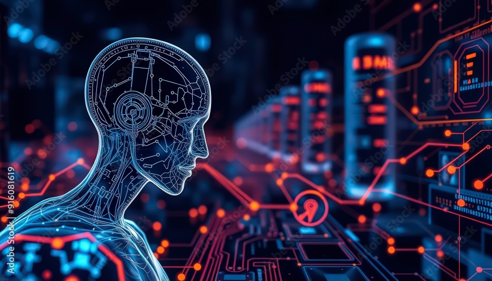 Aufkleber artificial intelligence concept with digital human head in front of circuit board.