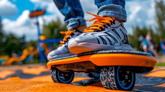 A close-up of a person riding an orange hoverboard at a vibrant outdoor park, showcasing dynamic movement and fun.