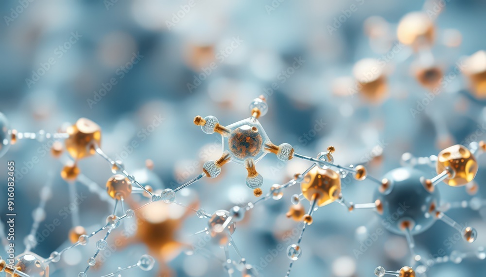 Poster abstract molecule structure with metallic atoms.