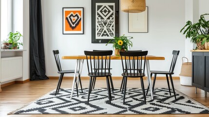 Geometric rug and black chairs in bright dining room with dark poster on white wall