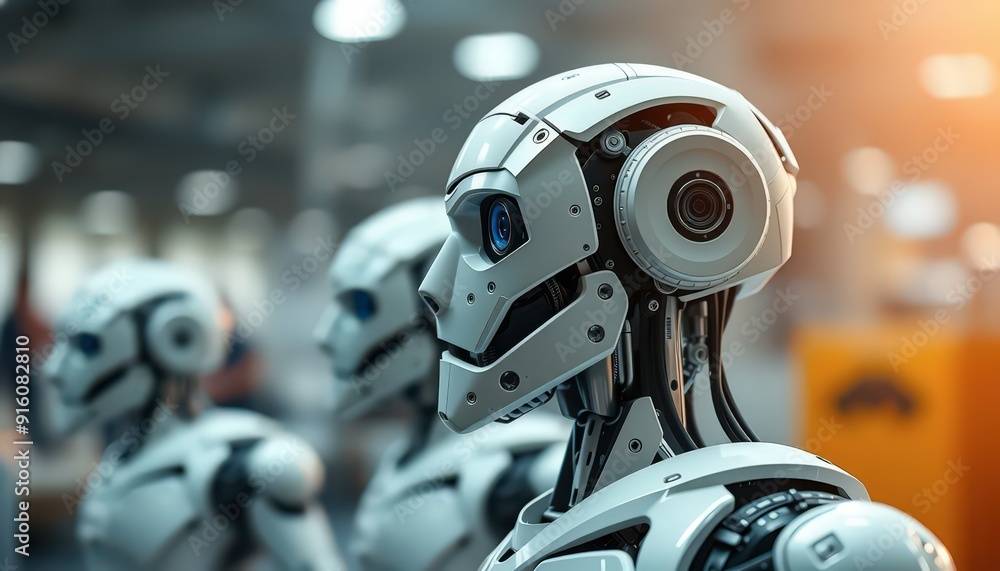Poster advanced robotics technology, futuristic robots with blue eyes.