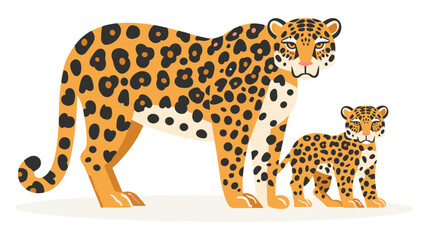 Jaguar mother standing protectively with her cub, both showcasing their distinctive spotted fur and strong bond.