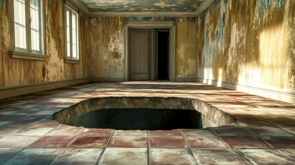 Giant hole opening in floor of old abandoned house