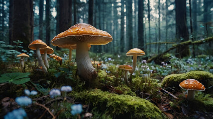 Fototapeta premium Fantastic wonderland forest landscape with mushrooms and flowers background. A vibrant red mushroom with white spots, magical aura, growing in a lush green mossy forest, Ai generative