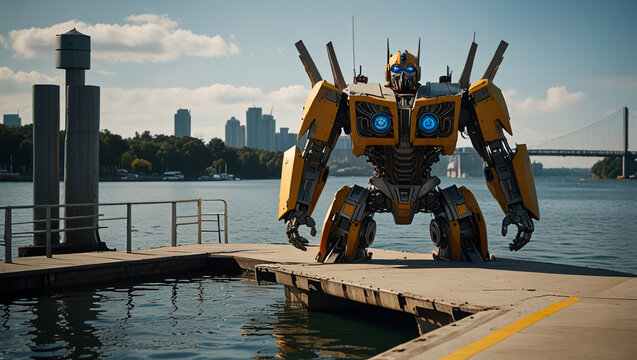 large futuristic transformer at the edge of the dock