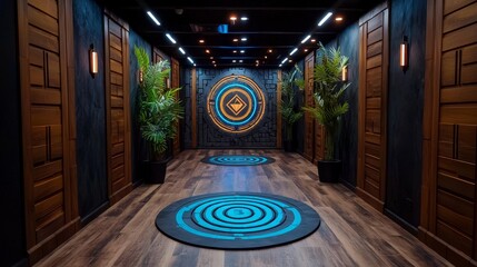 Fototapeta premium A modern hallway featuring circular patterns on the floor, vibrant colors, and wooden accents, creating a unique and inviting atmosphere.
