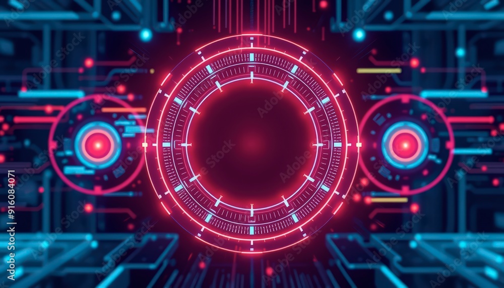 Poster abstract technology interface with red glowing circle.