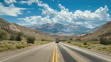 Fototapeta premium Truck Driving Through Mountains on a Sunny Day